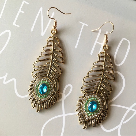 Rhinestone Peacock Eye Feather Boho Gold Earrings - Picture 2 of 11